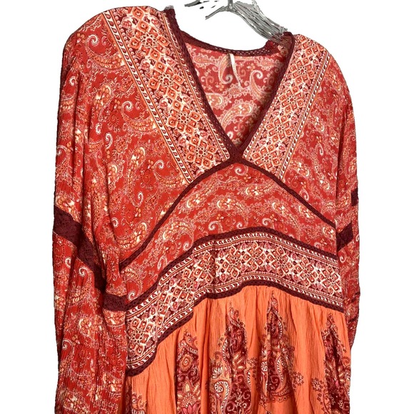 Free People Luna‎ Scarf Print Tunic Mini Dress Red Boho Hippie Size XS gauzy - Picture 2 of 9